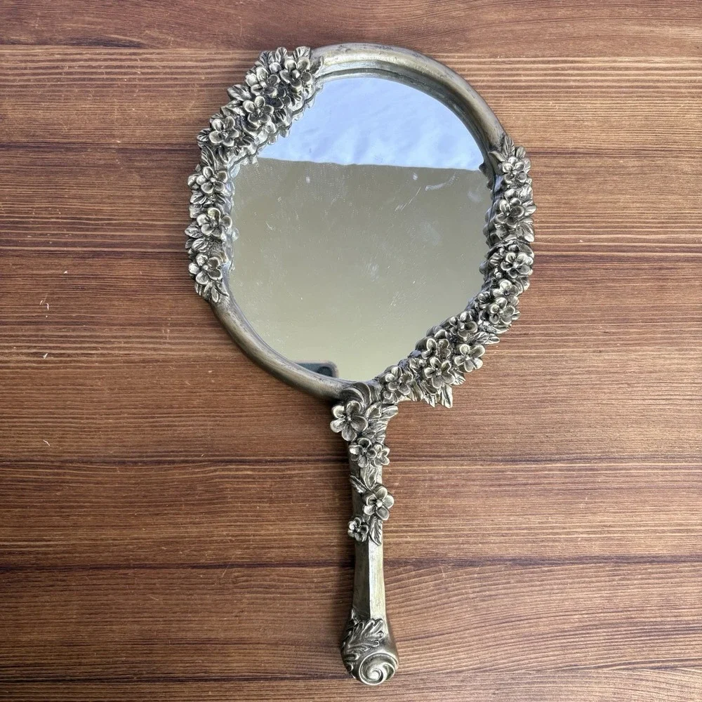 Vintage Ornate Floral Hand Mirror Silver Tone Cast Resin Vanity Mirror 12.5 Inch